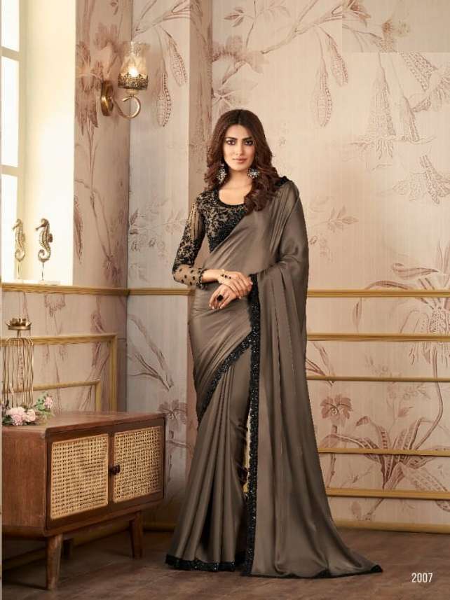 LATEST INDIAN DESIGNER FANCY WEDDING PARTY WEAR BROWN ORGANZA SILK SAREE SM ANMOL 2007