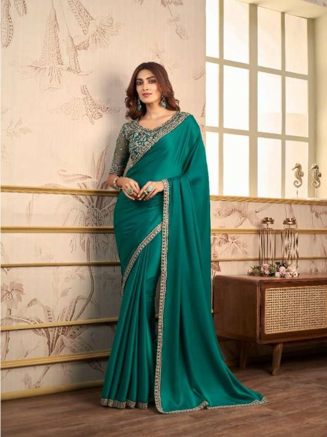 LATEST INDIAN DESIGNER FANCY WEDDING PARTY WEAR GREEN ORGANZA SILK SAREE SM ANMOL 2002