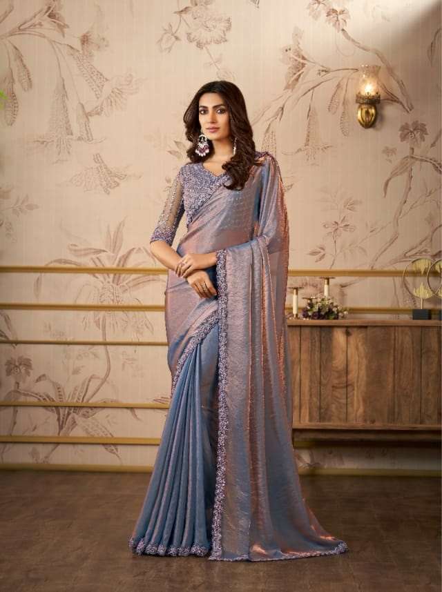 LATEST INDIAN DESIGNER FANCY WEDDING PARTY WEAR GREY ORGANZA SILK SAREE SM ANMOL 2005