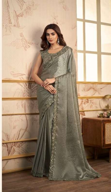 LATEST INDIAN DESIGNER FANCY WEDDING PARTY WEAR GREY ORGANZA SILK SAREE SM ANMOL 2008