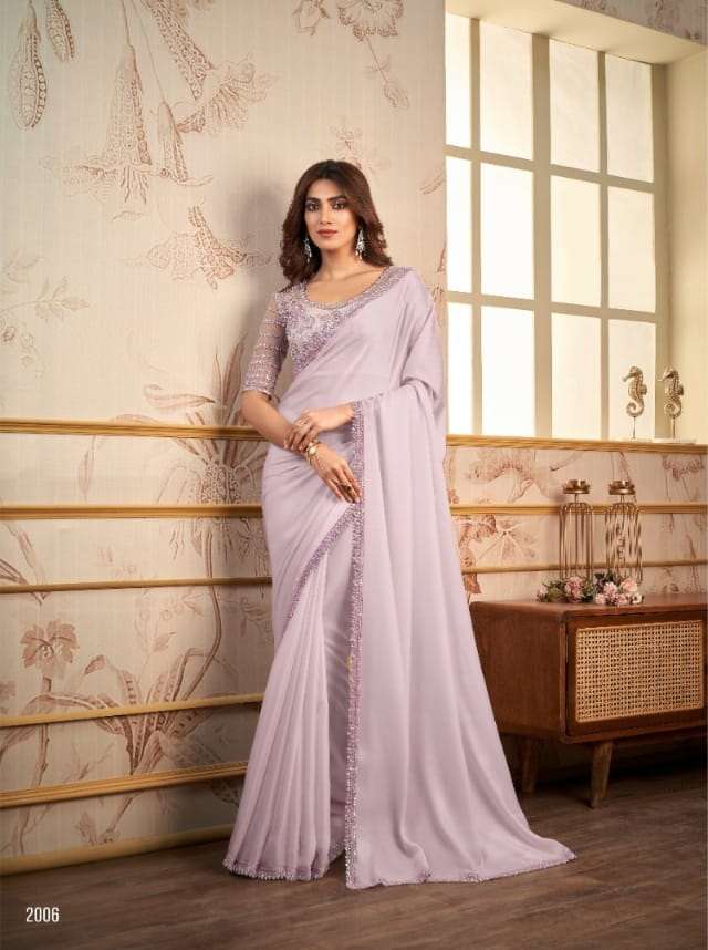 LATEST INDIAN DESIGNER FANCY WEDDING PARTY WEAR LAVENDER ORGANZA SILK SAREE SM ANMOL 2006