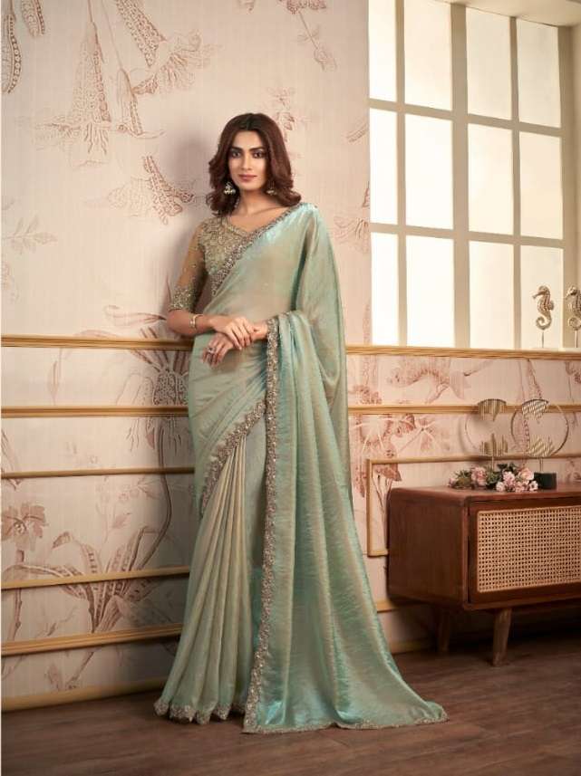 LATEST INDIAN DESIGNER FANCY WEDDING PARTY WEAR PISTA ORGANZA SILK SAREE SM ANMOL 2011