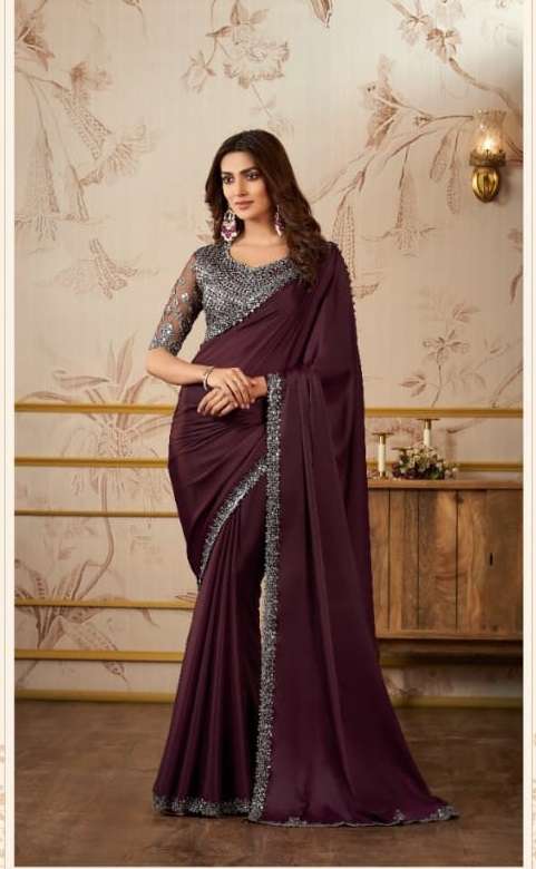 LATEST INDIAN DESIGNER FANCY WEDDING PARTY WEAR WINE ORGANZA SILK SAREE SM ANMOL 2012