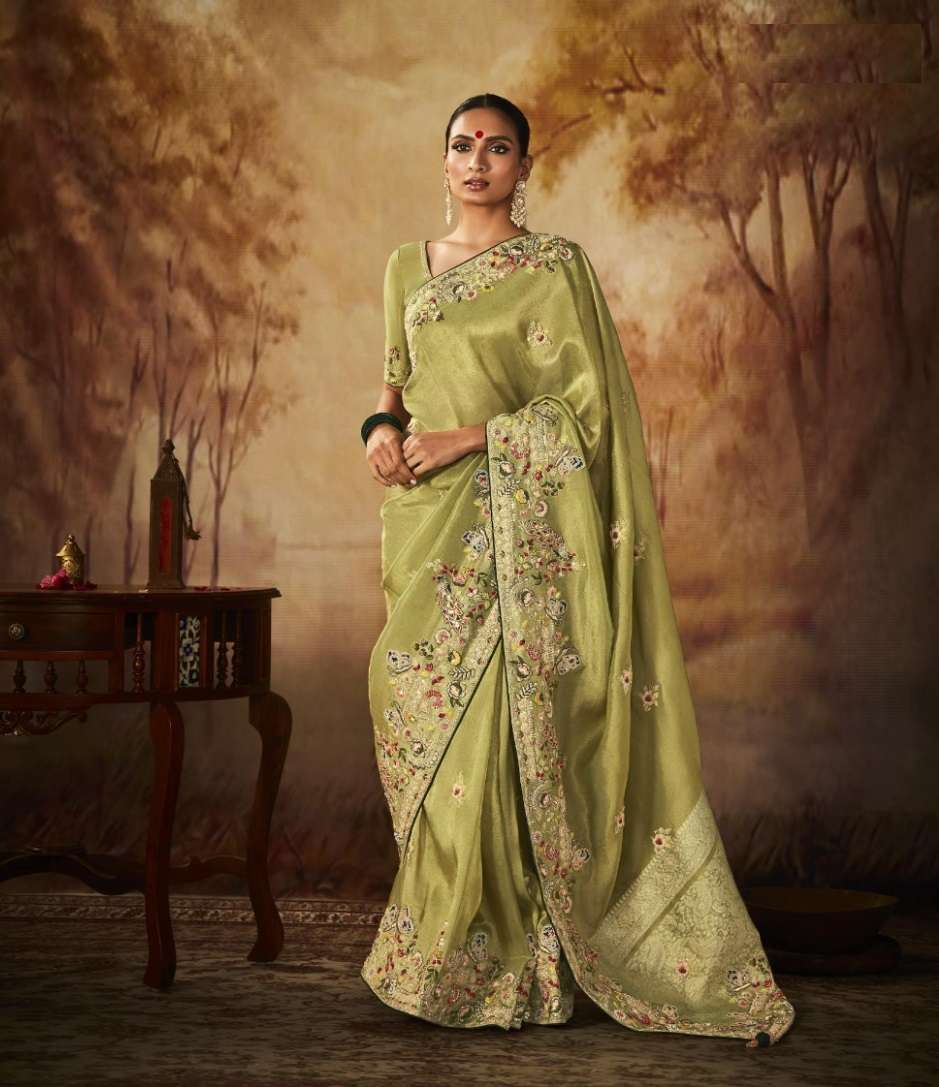 NEW DESIGNER FANCY WEDDING PARTY WEAR HEAVY EMBROIDERY GREEN BANARASI SILK INDIAN SAREE WITH SM KIMORA 258