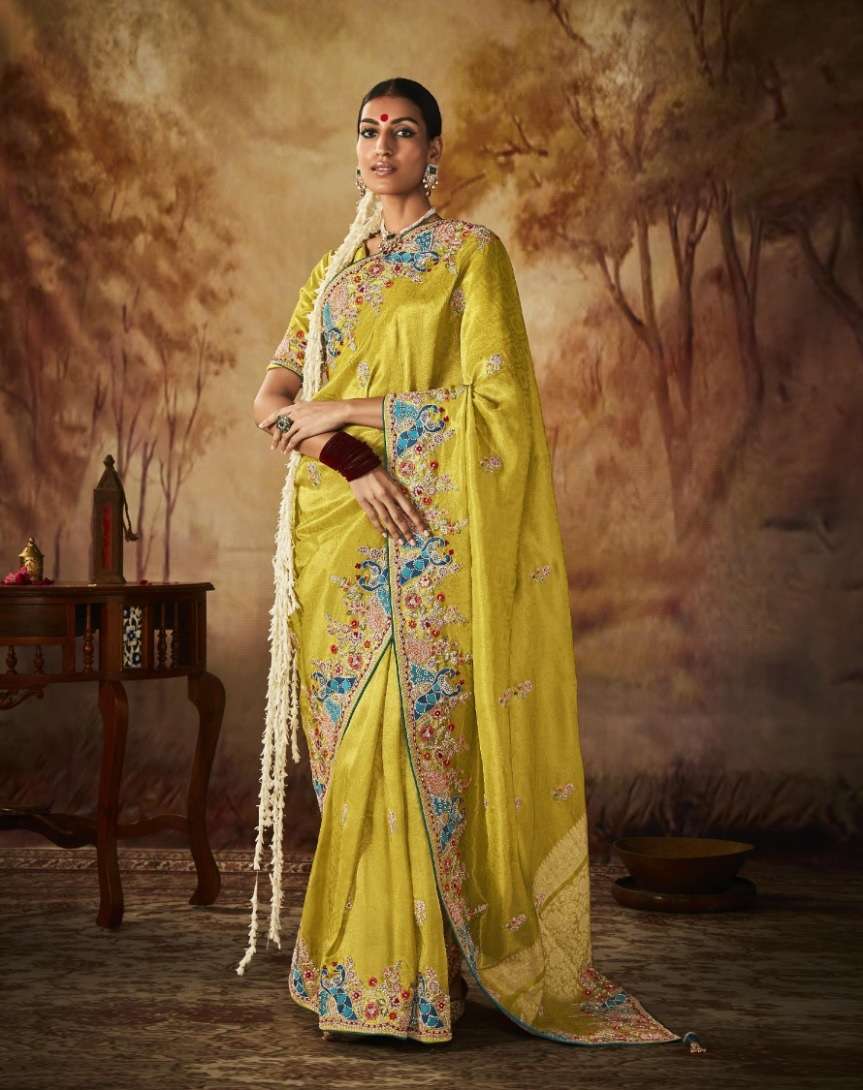 NEW DESIGNER FANCY WEDDING PARTY WEAR HEAVY EMBROIDERY YELLOW BANARASI SILK INDIAN SAREE WITH SM KIMORA 260