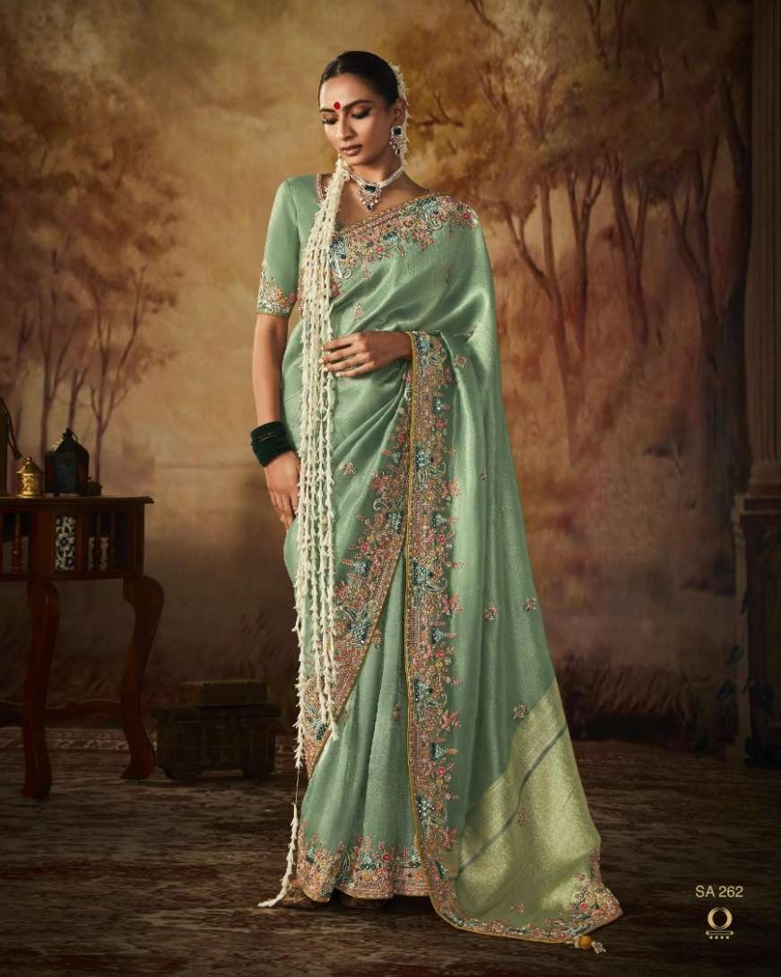 NEW DESIGNER FANCY WEDDING PARTY WEAR HEAVY EMBROIDERY GREEN BANARASI SILK INDIAN SAREE WITH SM KIMORA 262