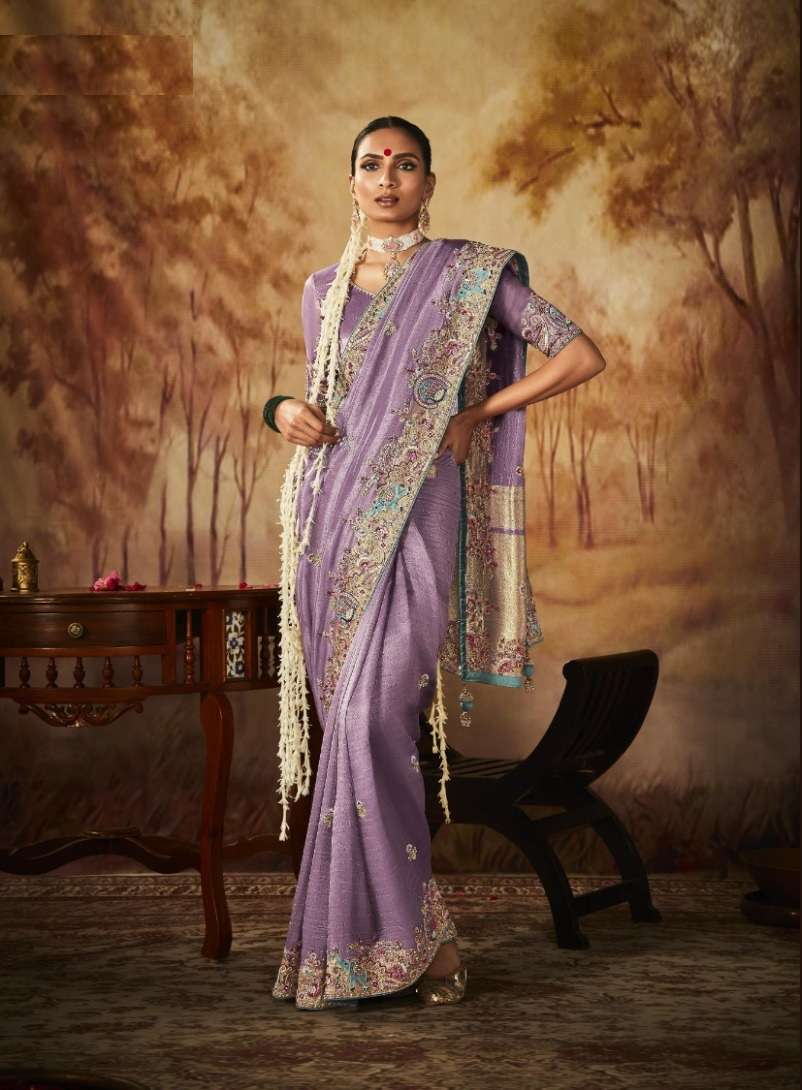 NEW DESIGNER FANCY WEDDING PARTY WEAR HEAVY EMBROIDERY BANARASI LAVENDER SILK INDIAN SAREE WITH SM KIMORA 263