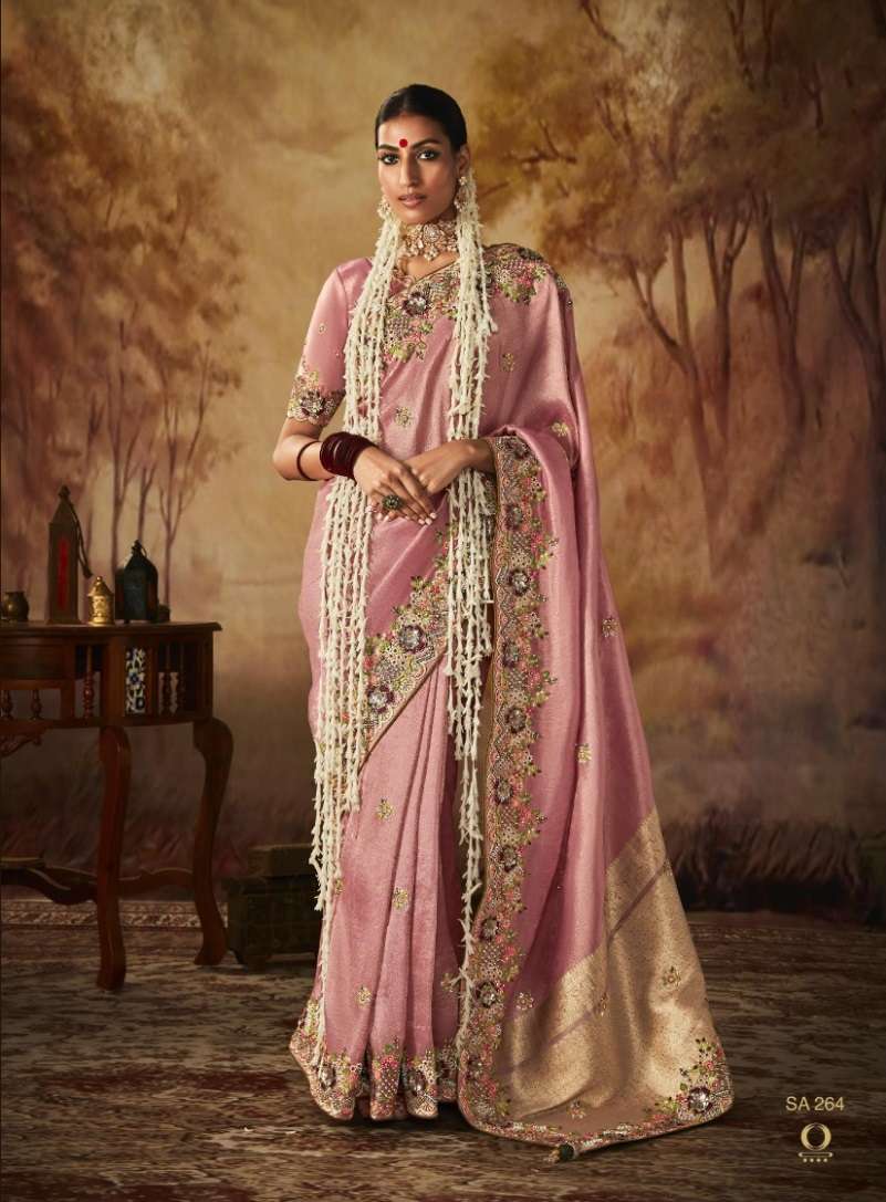 NEW DESIGNER FANCY WEDDING PARTY WEAR HEAVY EMBROIDERY PINK BANARASI SILK INDIAN SAREE WITH SM KIMORA 264