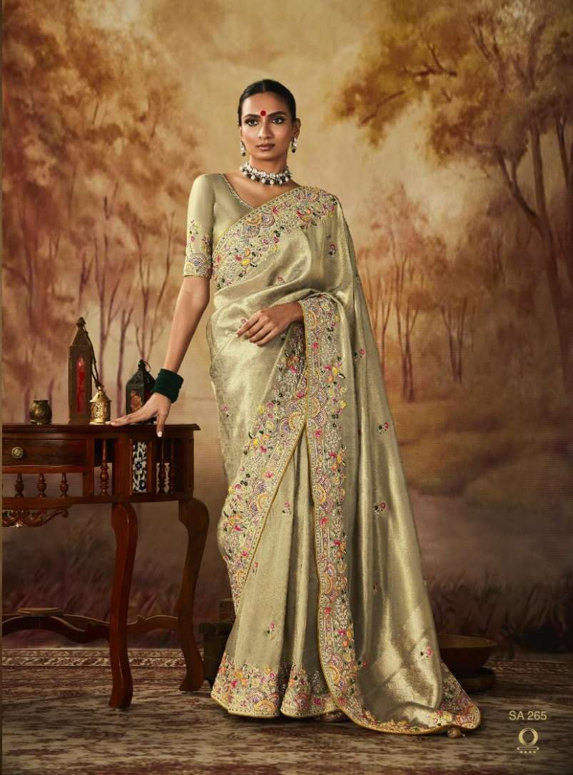 NEW DESIGNER FANCY WEDDING PARTY WEAR HEAVY EMBROIDERY BEIGE BANARASI SILK INDIAN SAREE WITH SM KIMORA 265