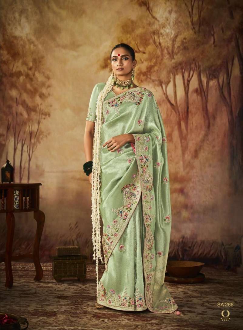 NEW DESIGNER FANCY WEDDING PARTY WEAR HEAVY EMBROIDERY PISTA BANARASI SILK INDIAN SAREE WITH SM KIMORA 266