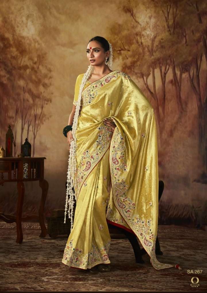 NEW DESIGNER FANCY WEDDING PARTY WEAR HEAVY EMBROIDERY YELLOW BANARASI SILK INDIAN SAREE WITH SM KIMORA 267