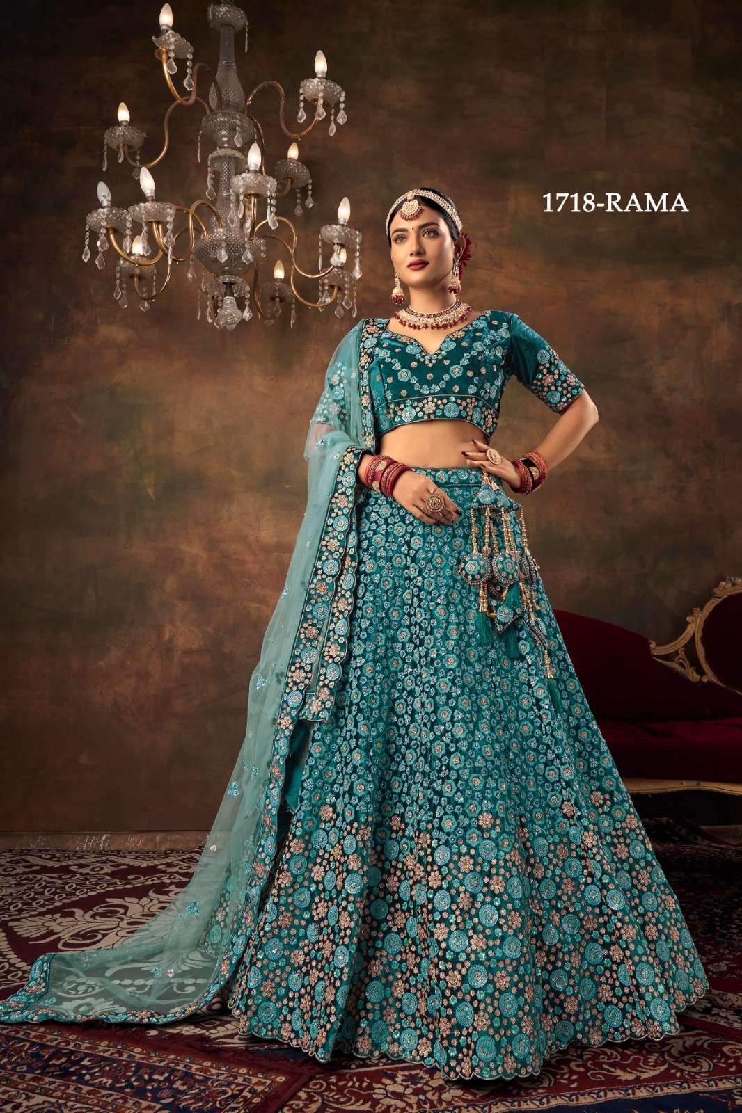 PREMIUM DESIGNER FANCY BOLLYWOOD STYLE INDIAN WEDDING BRIDAL RAMA BLUE LEHENGA CHOLI IN VELVET SM PAL 1718