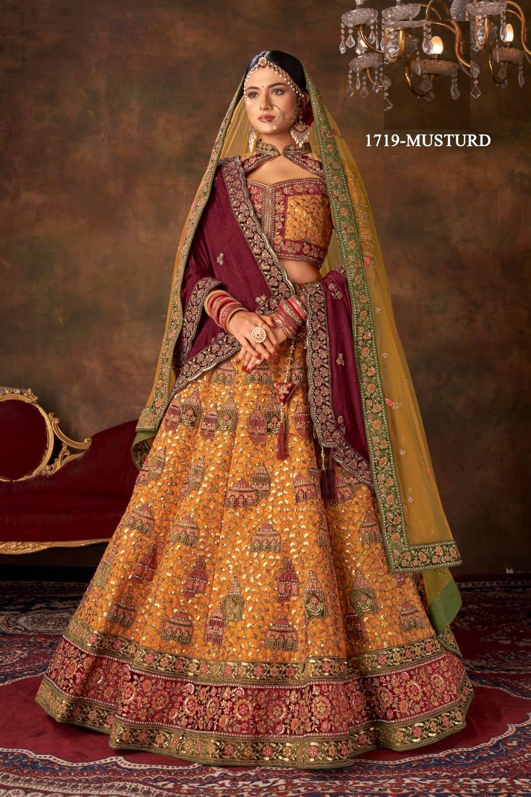 PREMIUM DESIGNER FANCY BOLLYWOOD STYLE INDIAN WEDDING BRIDAL MUSTURD YELLOW LEHENGA CHOLI IN VELVET SM PAL 1719