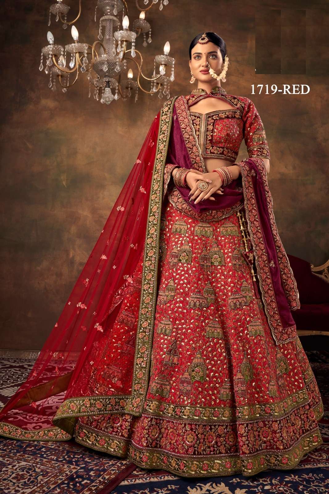 PREMIUM DESIGNER FANCY BOLLYWOOD STYLE INDIAN WEDDING BRIDAL RED LEHENGA CHOLI IN VELVET SM PAL 17