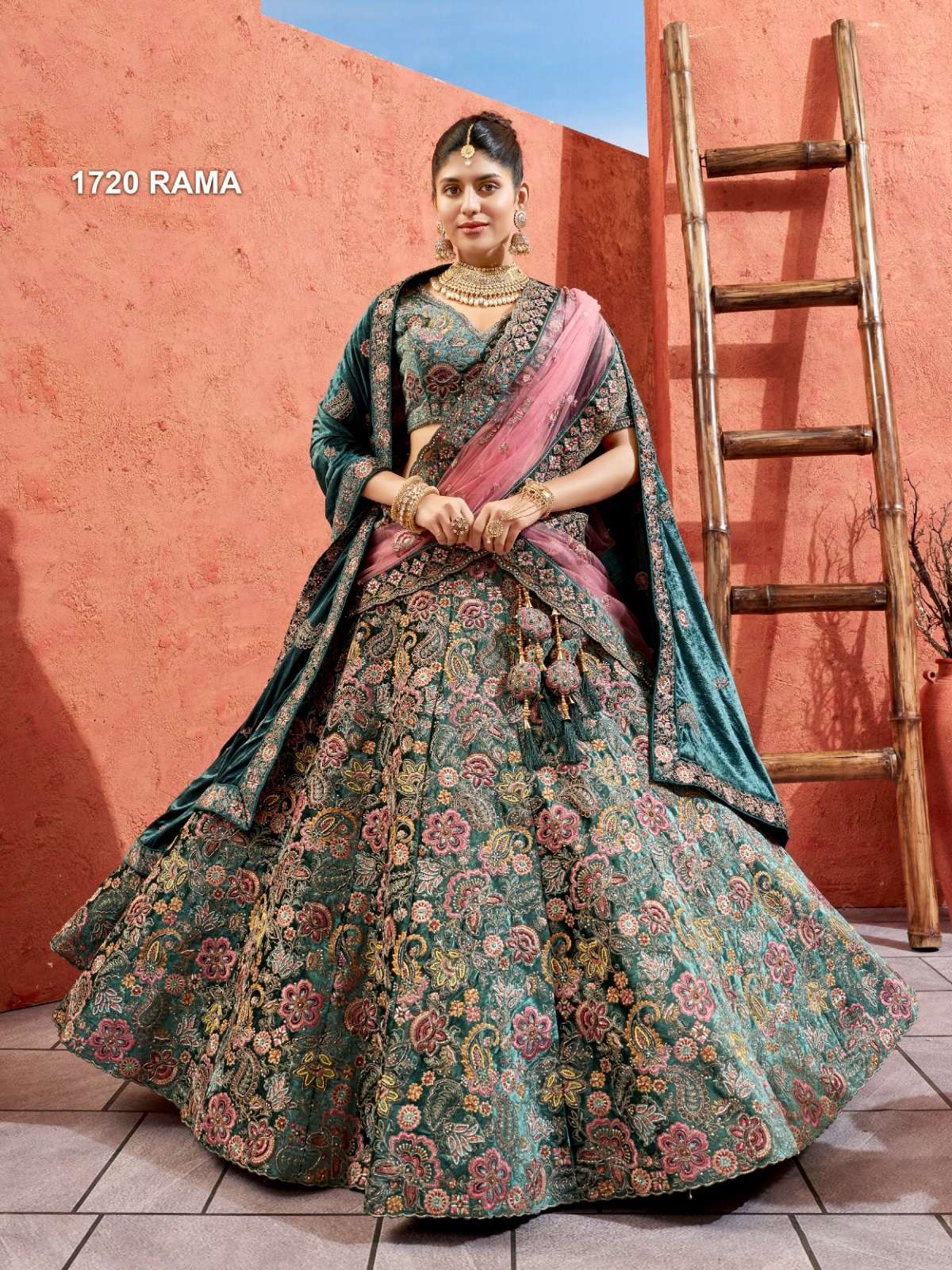 PREMIUM DESIGNER FANCY BOLLYWOOD STYLE INDIAN WEDDING BRIDAL BLUE LEHENGA CHOLI IN VELVET SM PAL 1720