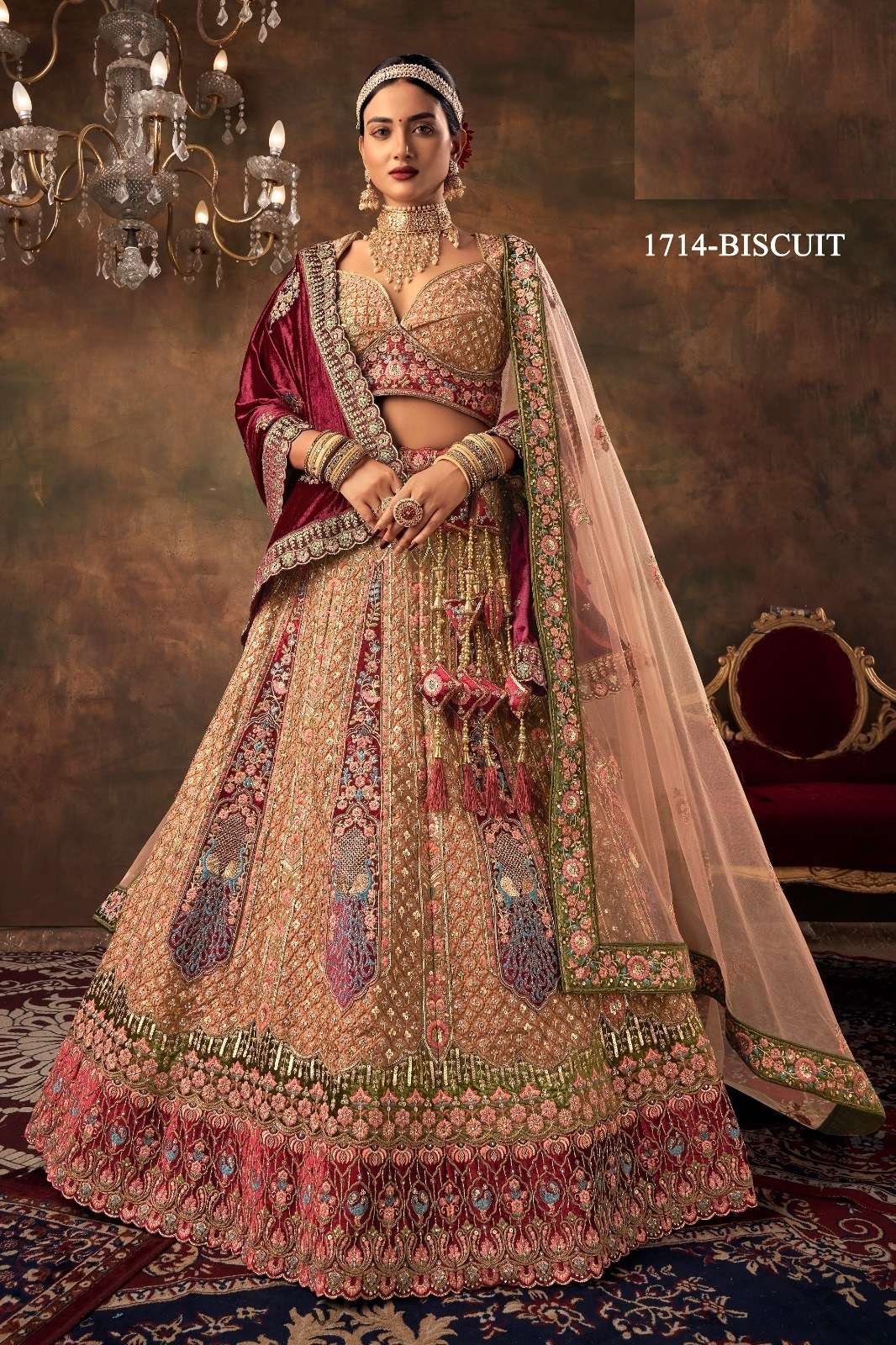 PREMIUM DESIGNER FANCY BOLLYWOOD STYLE INDIAN WEDDING BRIDAL CHIKU LEHENGA CHOLI IN VELVET SM PAL 1714