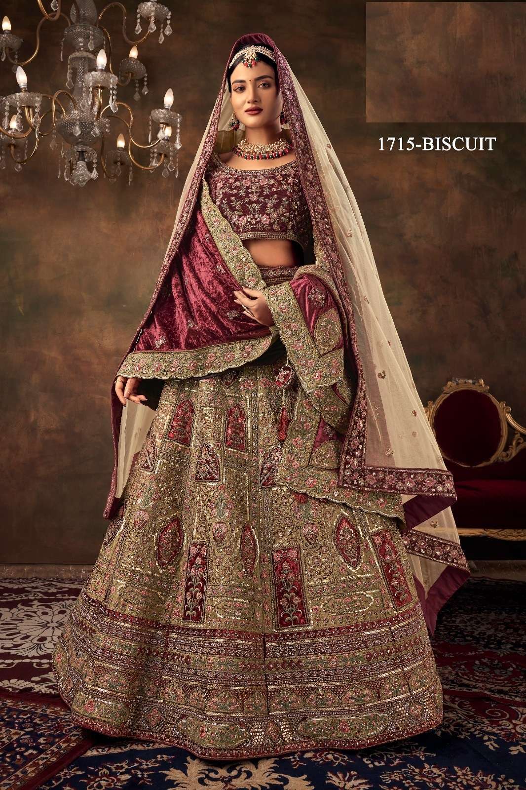 PREMIUM DESIGNER FANCY BOLLYWOOD STYLE INDIAN WEDDING BRIDAL CHIKU LEHENGA CHOLI IN VELVET SM PAL 1715