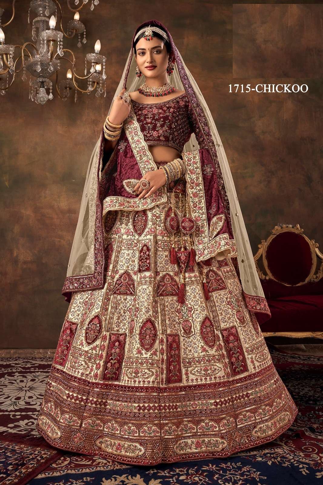 PREMIUM DESIGNER FANCY BOLLYWOOD STYLE INDIAN WEDDING BRIDAL CHIKOO LEHENGA CHOLI IN VELVET SM PAL 1715