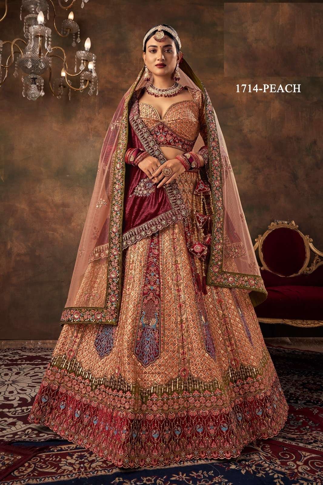 PREMIUM DESIGNER FANCY BOLLYWOOD STYLE INDIAN WEDDING BRIDAL PEACE LEHENGA CHOLI IN VELVET SM PAL 1716