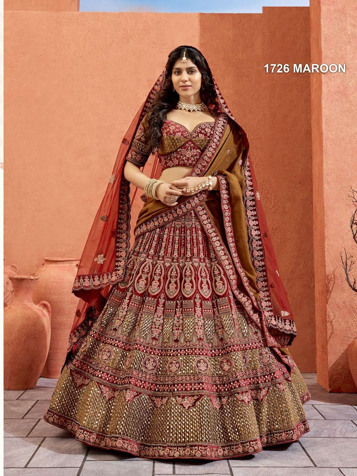 PREMIUM DESIGNER FANCY BOLLYWOOD STYLE INDIAN WEDDING BRIDAL MAROON VELVET LEHENGA CHOLI SM PAL 1726