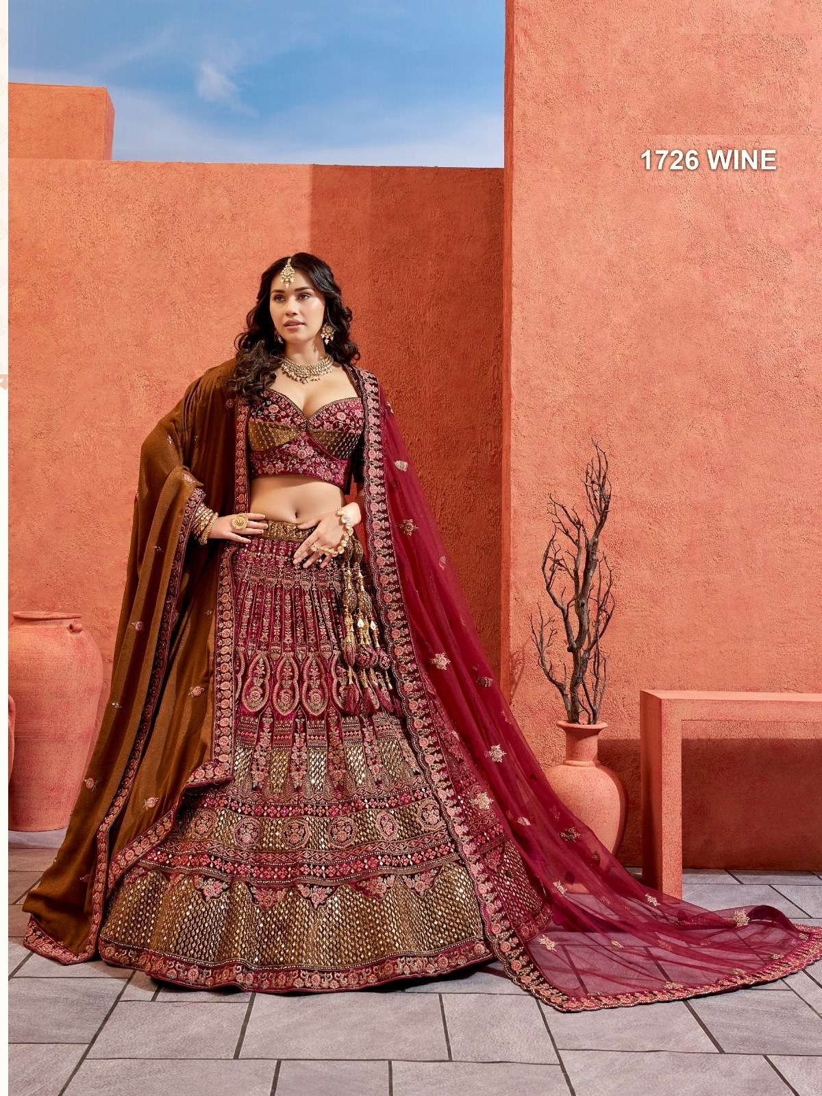 PREMIUM DESIGNER FANCY BOLLYWOOD STYLE INDIAN WEDDING BRIDAL WINE VELVET LEHENGA CHOLI SM PAL 1726