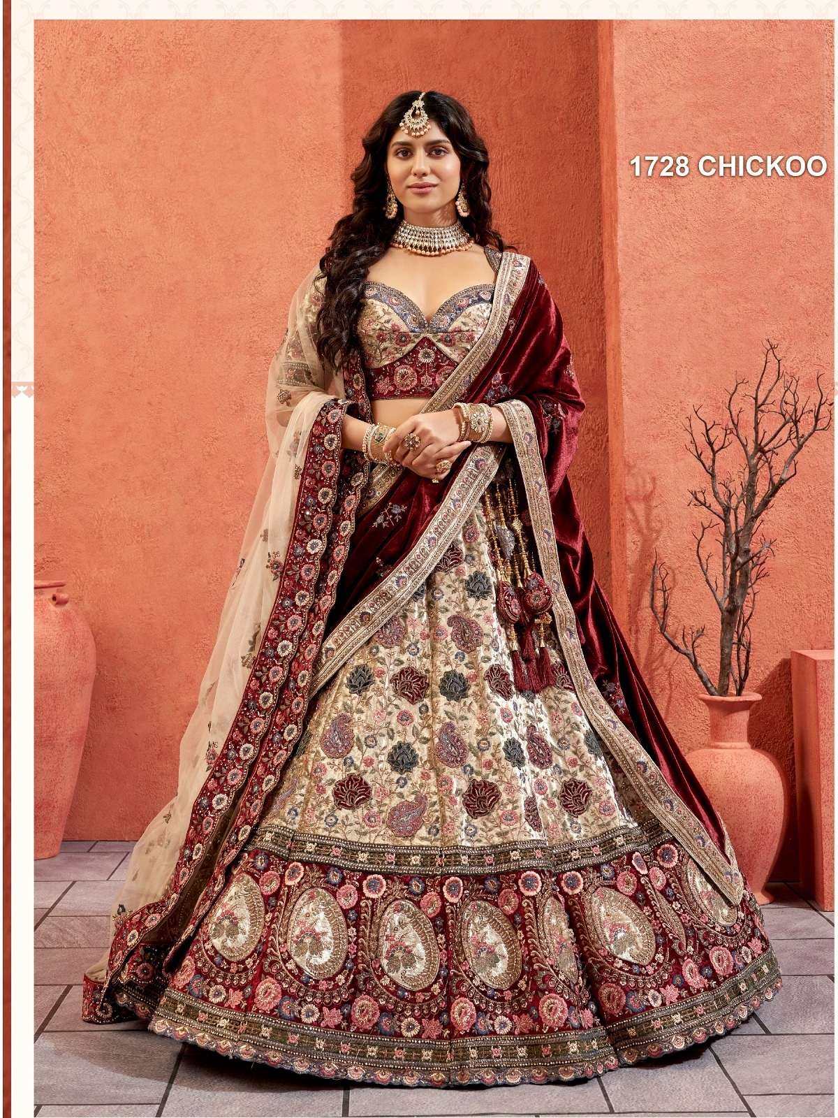 PREMIUM DESIGNER FANCY BOLLYWOOD STYLE INDIAN WEDDING BRIDAL CHIKU VELVET LEHENGA CHOLI SM PAL 1728