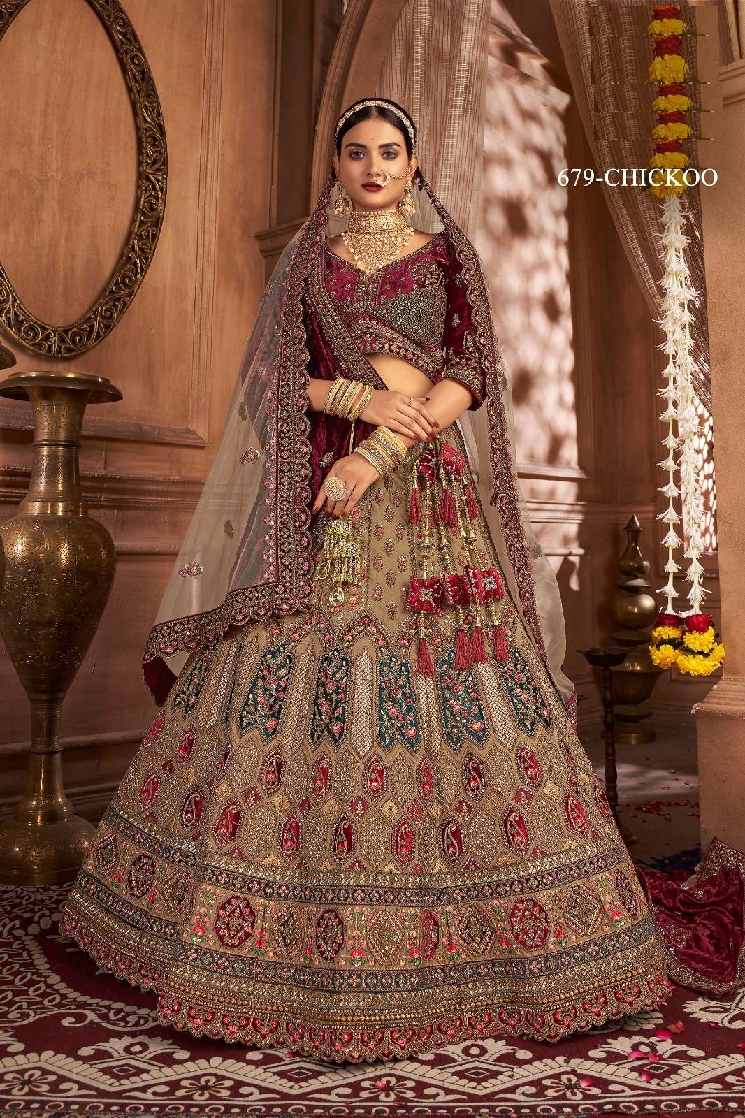 PREMIUM DESIGNER FANCY BOLLYWOOD STYLE INDIAN WEDDING BRIDAL CHIKOO VELVET LEHENGA CHOLI SM PAL 679