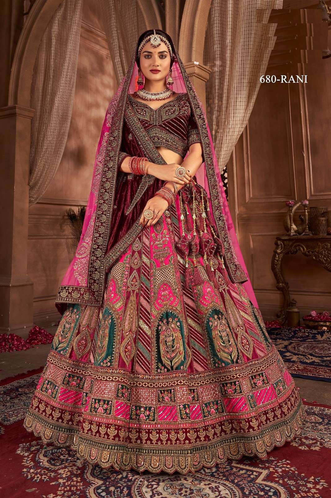 PREMIUM DESIGNER FANCY BOLLYWOOD STYLE INDIAN WEDDING BRIDAL PINK VELVET LEHENGA CHOLI SM PAL 680