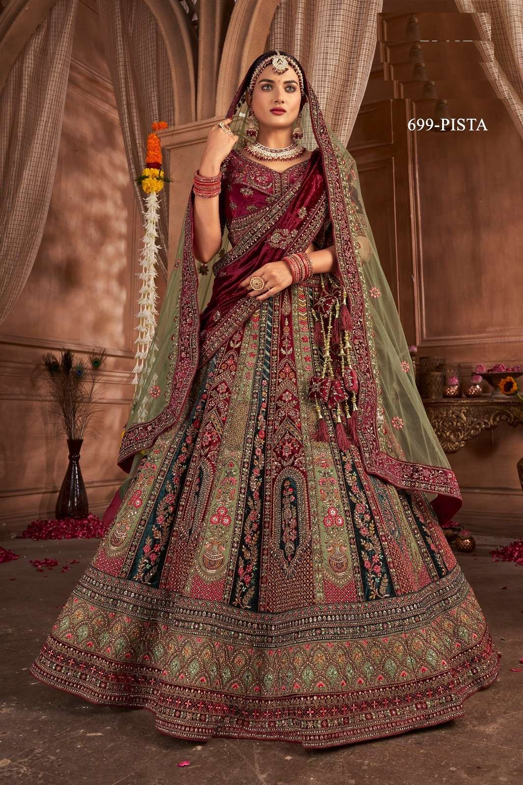 PREMIUM DESIGNER FANCY BOLLYWOOD STYLE INDIAN WEDDING BRIDAL PISTA VELVET LEHENGA CHOLI SM PAL 699