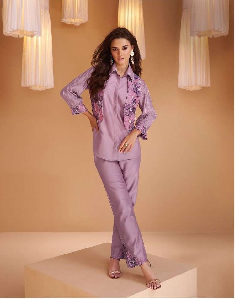 READYMADE LAVENDER SILK CO ORD SET FOR WOMEN WEAR FANCY PRINTED CO ORD SET SY KUNDAN 5346