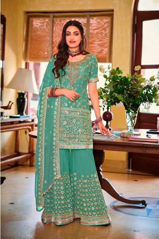 DESIGNER FANCY INDIAN PARTY WEAR GREEN BLUE FAUX GEORGETTE SHARARA SALWAR SUIT JG 1364 G