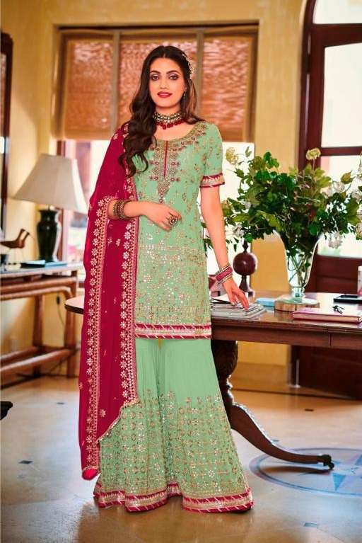 DESIGNER FANCY INDIAN PARTY WEAR GREEN FAUX GEORGETTE SHARARA SALWAR SUIT JG 1364 C