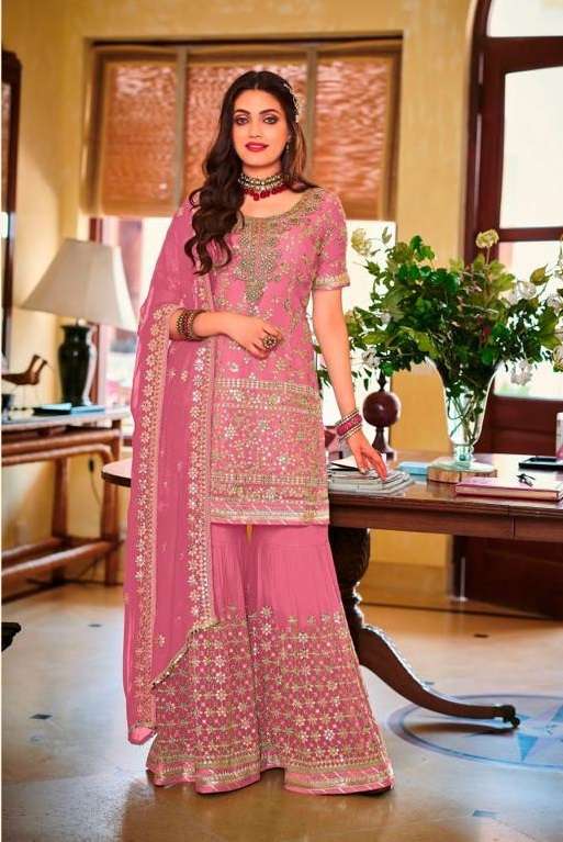 DESIGNER FANCY INDIAN PARTY WEAR PINK FAUX GEORGETTE SHARARA SALWAR SUIT JG 1364 H