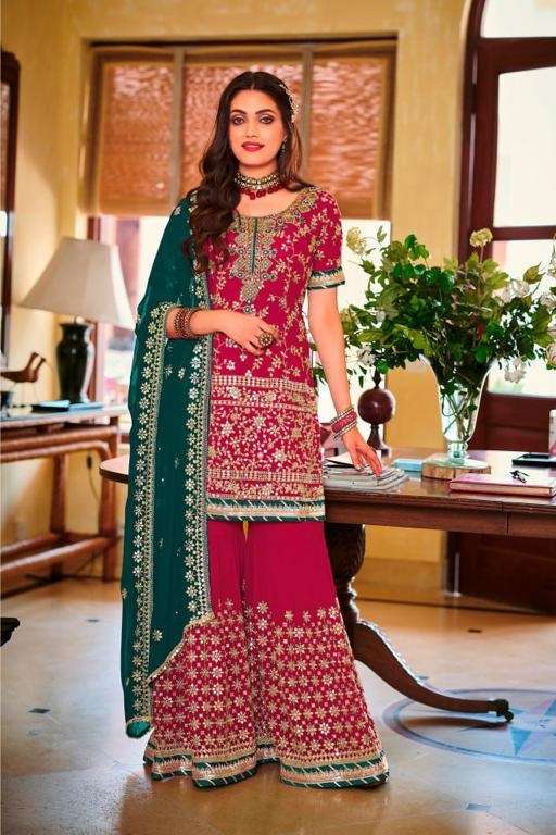 DESIGNER FANCY INDIAN PARTY WEAR RANI PINK FAUX GEORGETTE SHARARA SALWAR SUIT JG 1364 E