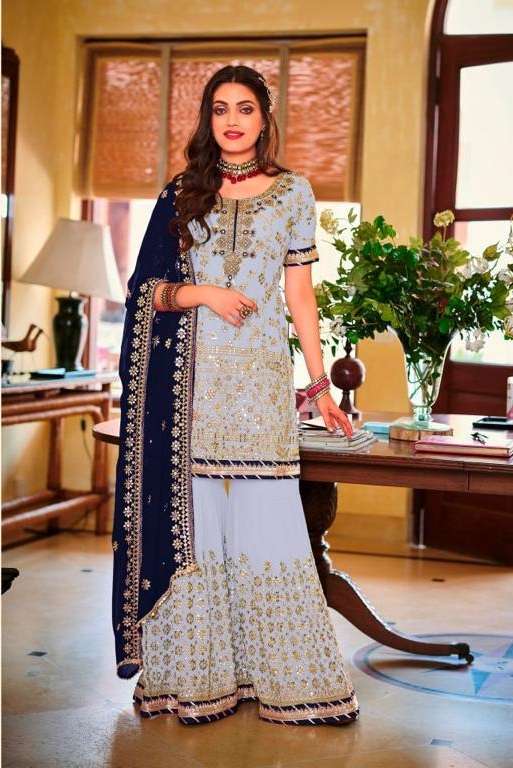 DESIGNER FANCY INDIAN PARTY WEAR SKY BLUE FAUX GEORGETTE SHARARA SALWAR SUIT JG 1364 D