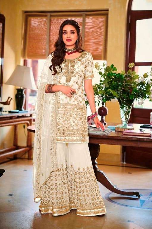 DESIGNER FANCY INDIAN PARTY WEAR WHITE FAUX GEORGETTE SHARARA SALWAR SUIT JG 1364 F