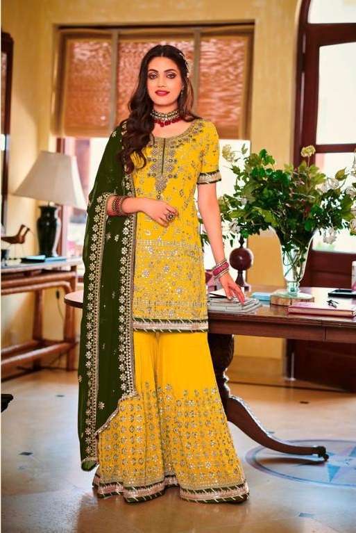 DESIGNER FANCY INDIAN PARTY WEAR YELLOW FAUX GEORGETTE SHARARA SALWAR SUIT JG 1364 B