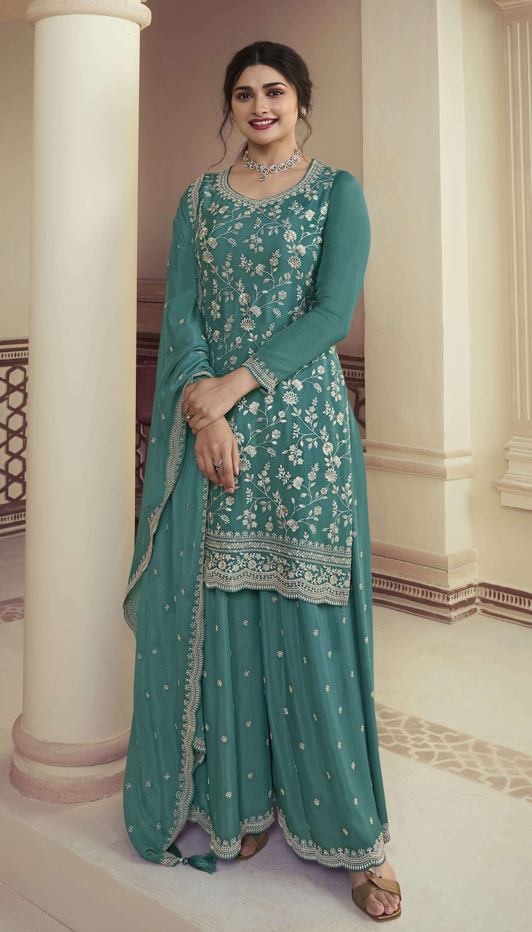 DESIGNER FANCY PARTY WEAR CHINON SILK BLUE SHARARA PALAZZO SALWAR SUIT SM KULEESH 66842