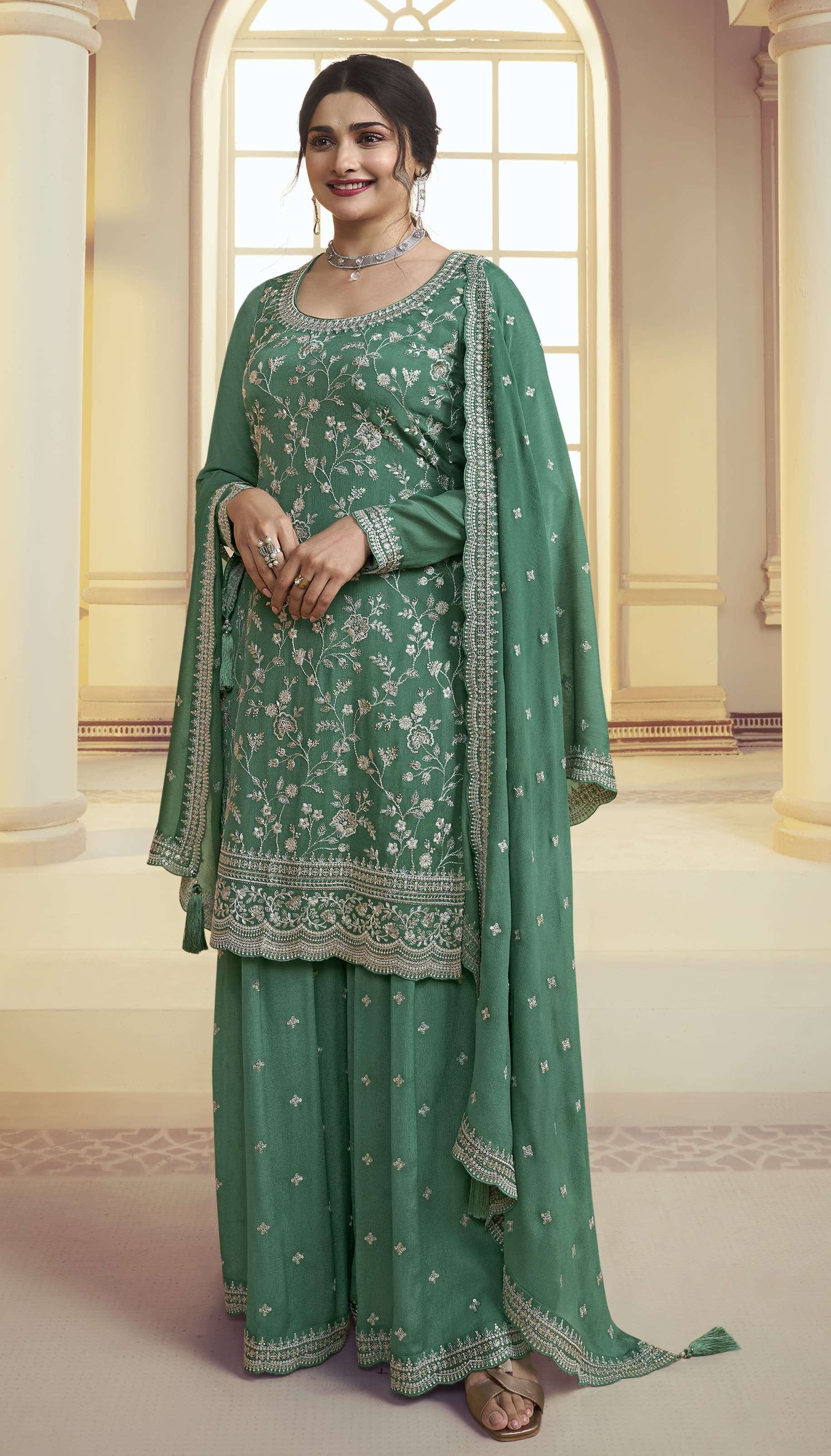 DESIGNER FANCY PARTY WEAR CHINON SILK GREEN SHARARA PALAZZO SALWAR SUIT SM KULEESH 66845