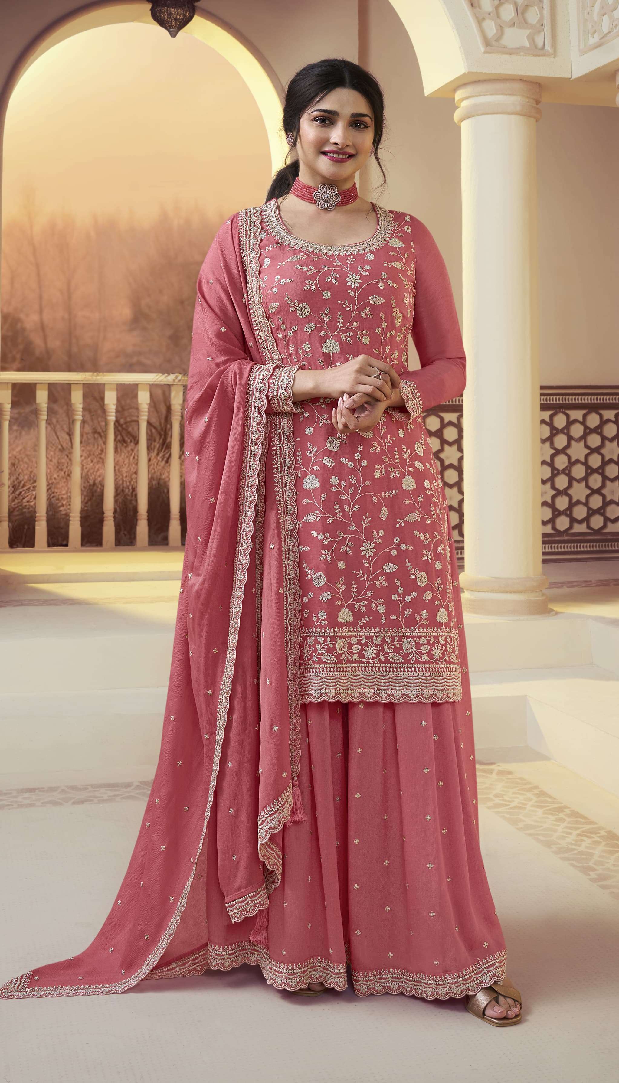 DESIGNER FANCY PARTY WEAR CHINON SILK PEACE SHARARA PALAZZO SALWAR SUIT SM KULEESH 66844