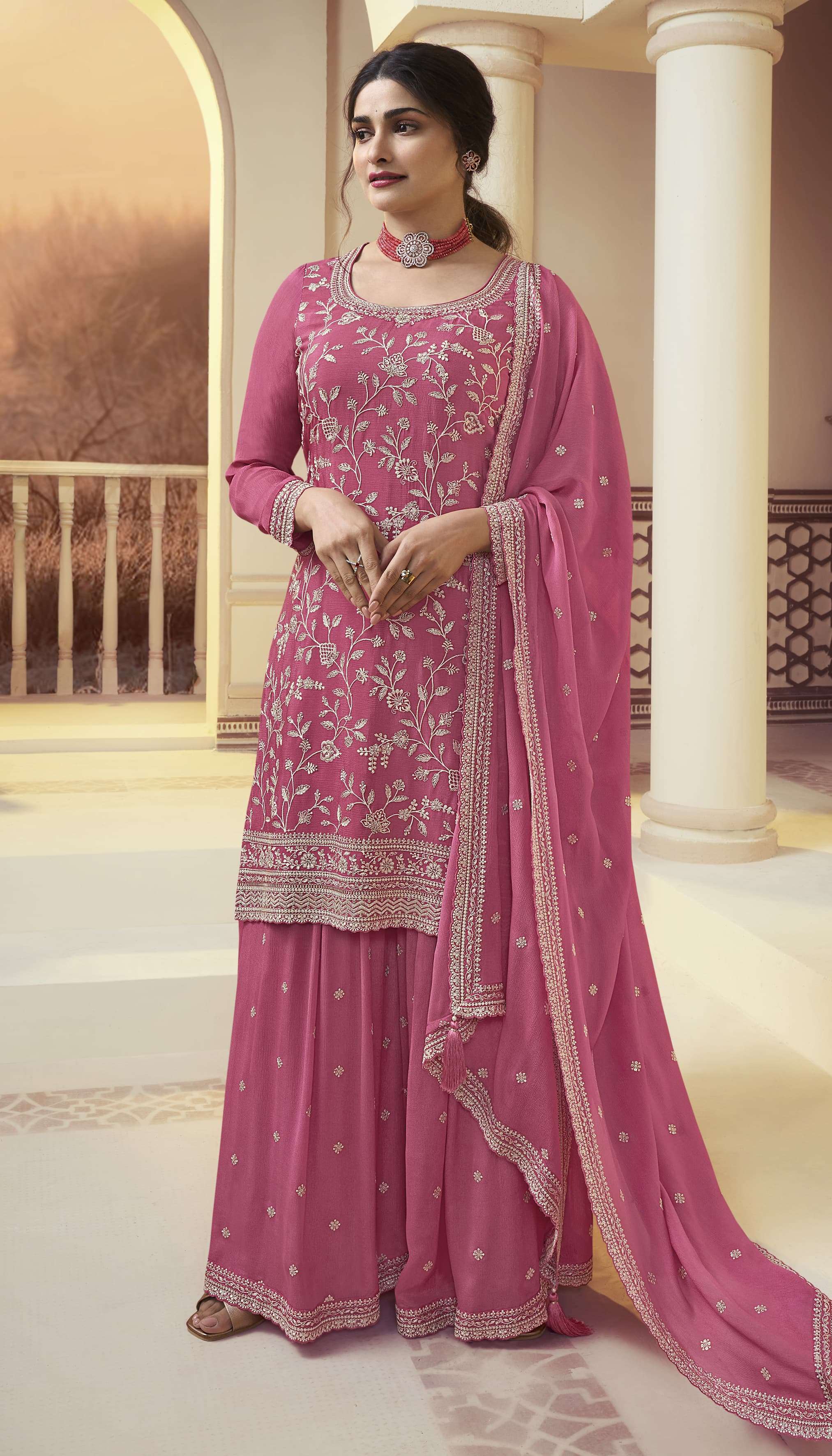 DESIGNER FANCY PARTY WEAR CHINON SILK PINK SHARARA PALAZZO SALWAR SUIT SM KULEESH 66841