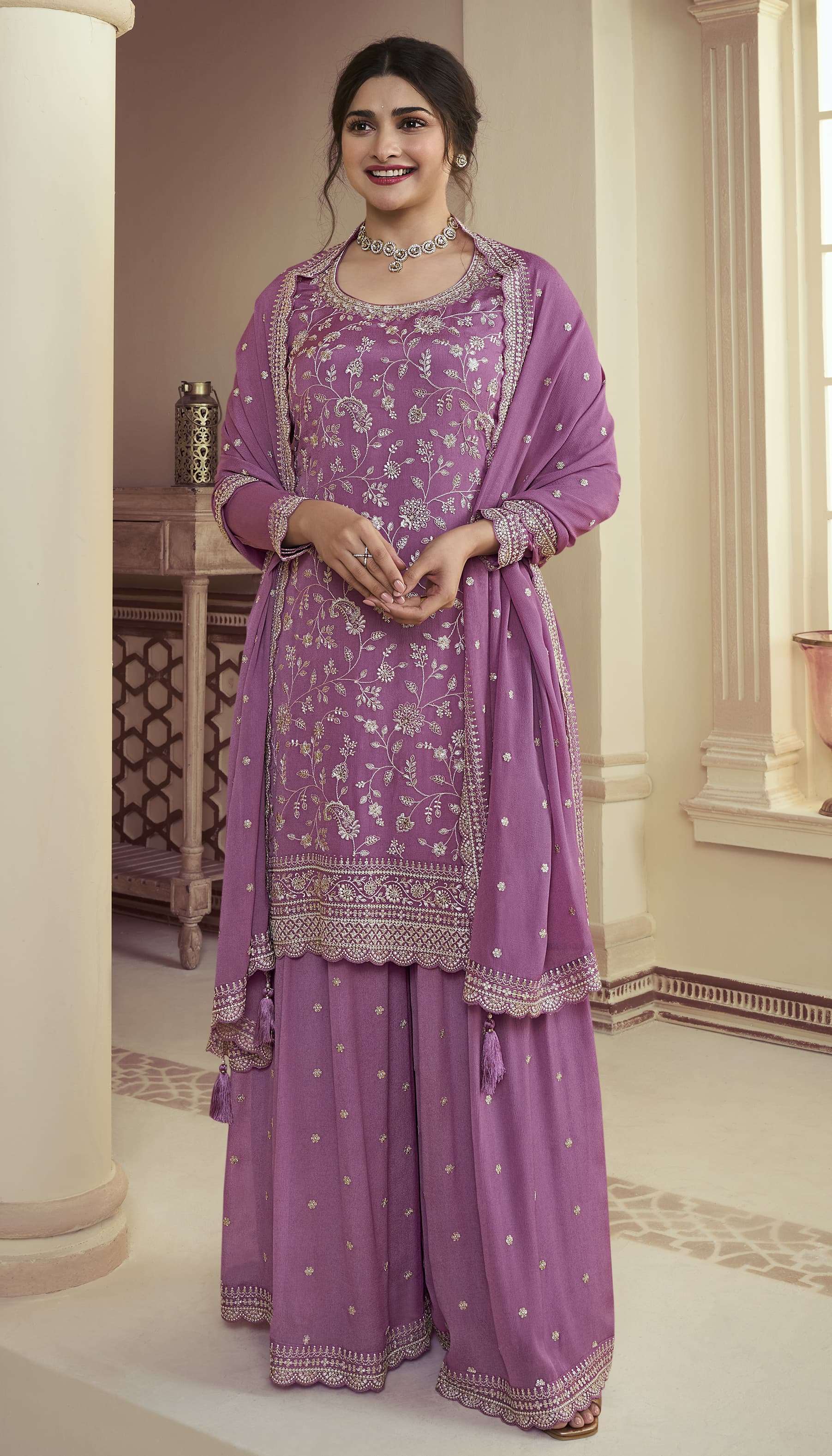 DESIGNER FANCY PARTY WEAR CHINON SILK PURPLE SHARARA PALAZZO SALWAR SUIT SM KULEESH 66846