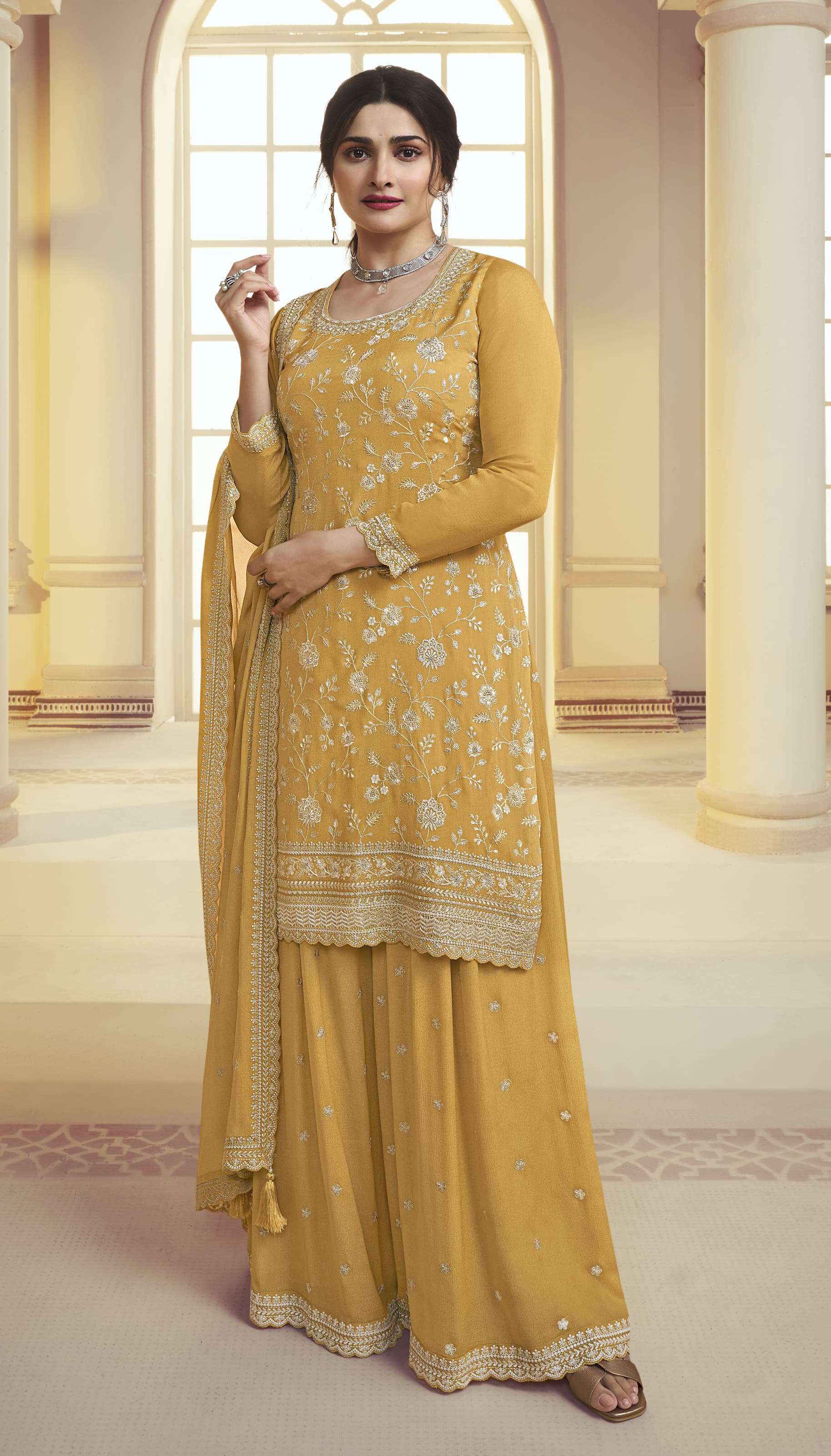 DESIGNER FANCY PARTY WEAR CHINON SILK YELLOW SHARARA PALAZZO SALWAR SUIT SM KULEESH 66843