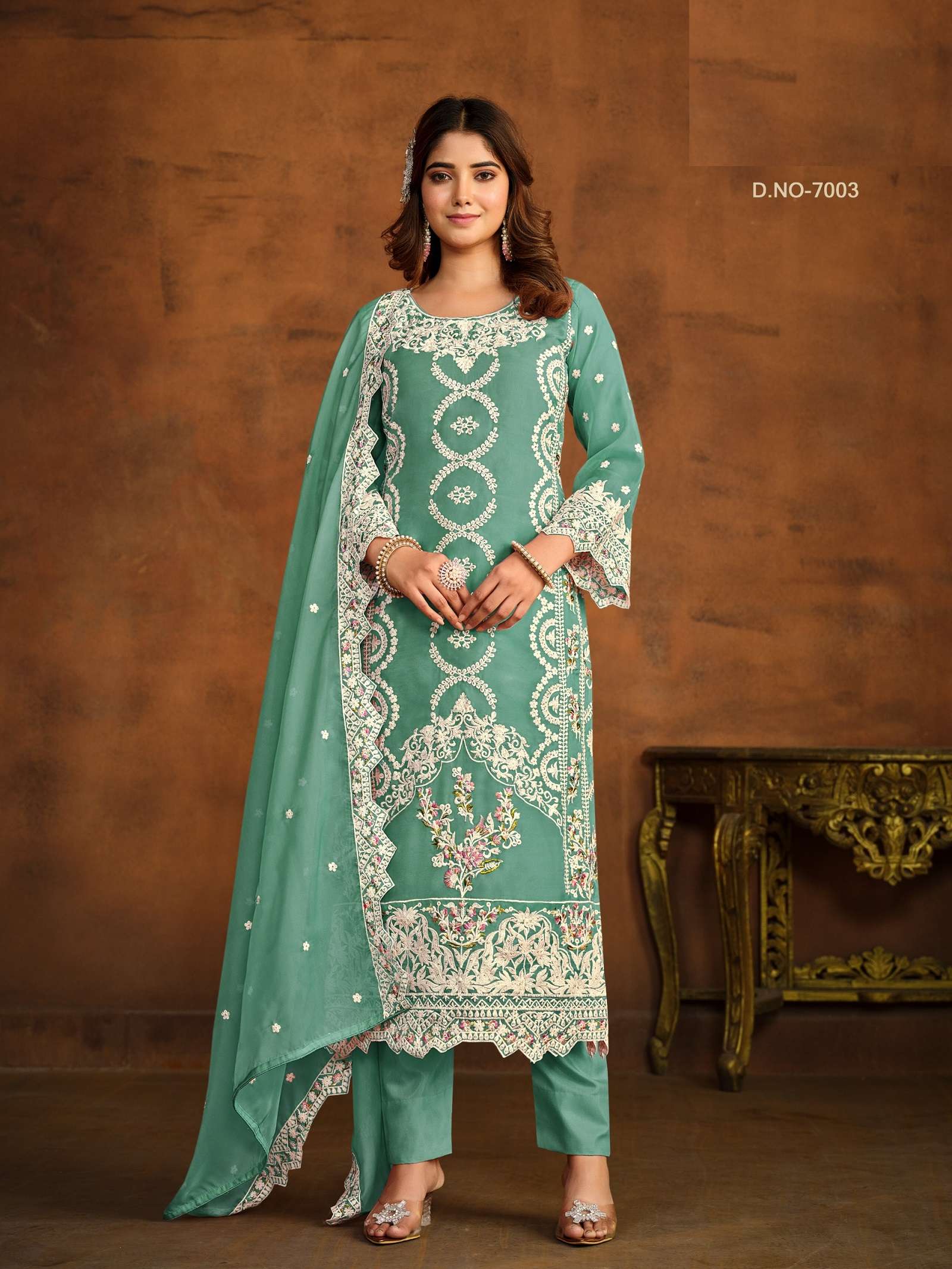 DESIGNER FANCY PARTY WEAR PAKISTANI FANCY GREEN ORGANZA SILK SALWAR SUIT ANY 7003