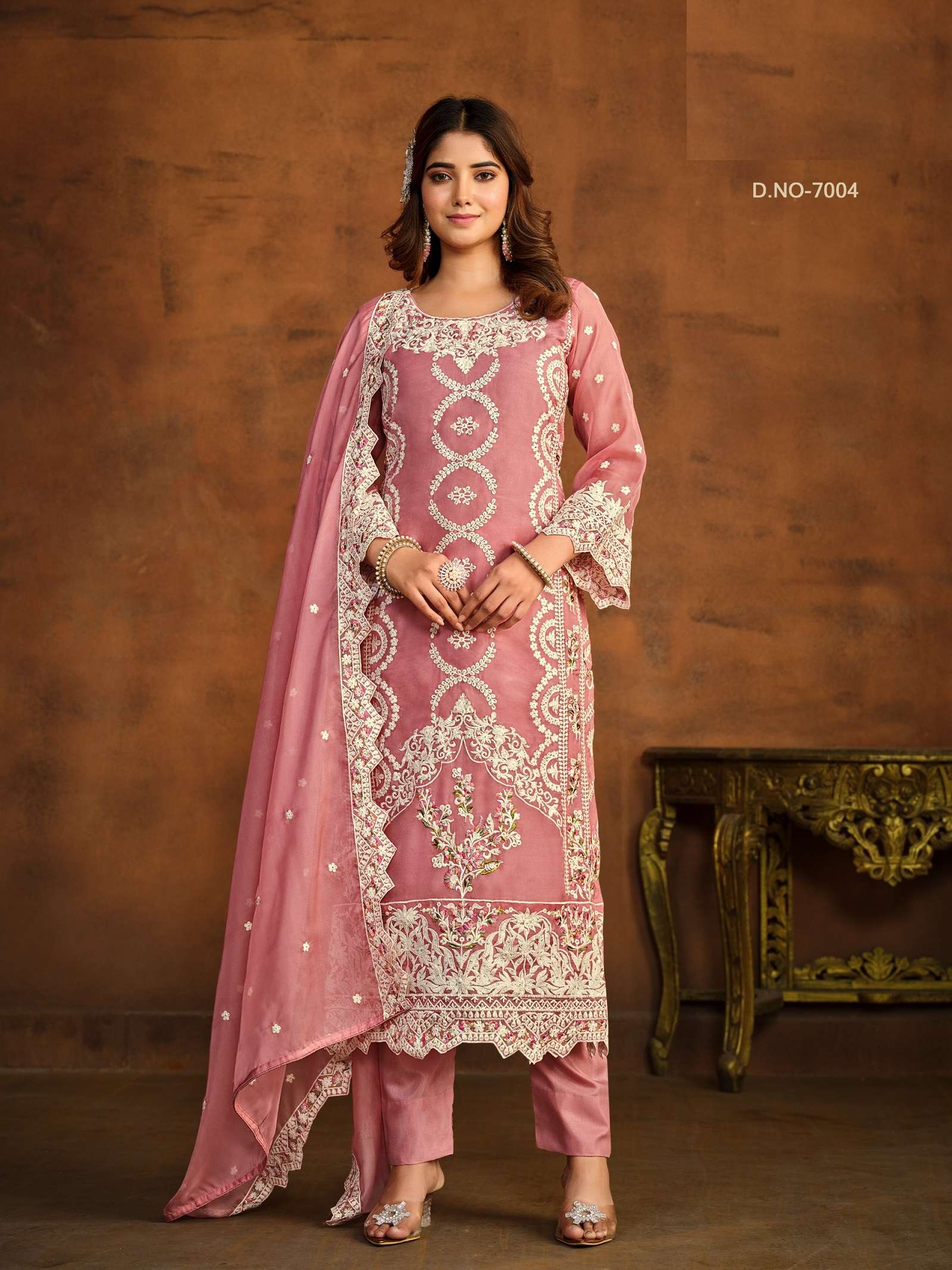 DESIGNER FANCY PARTY WEAR PAKISTANI FANCY PINK ORGANZA SILK SALWAR SUIT ANY 7004