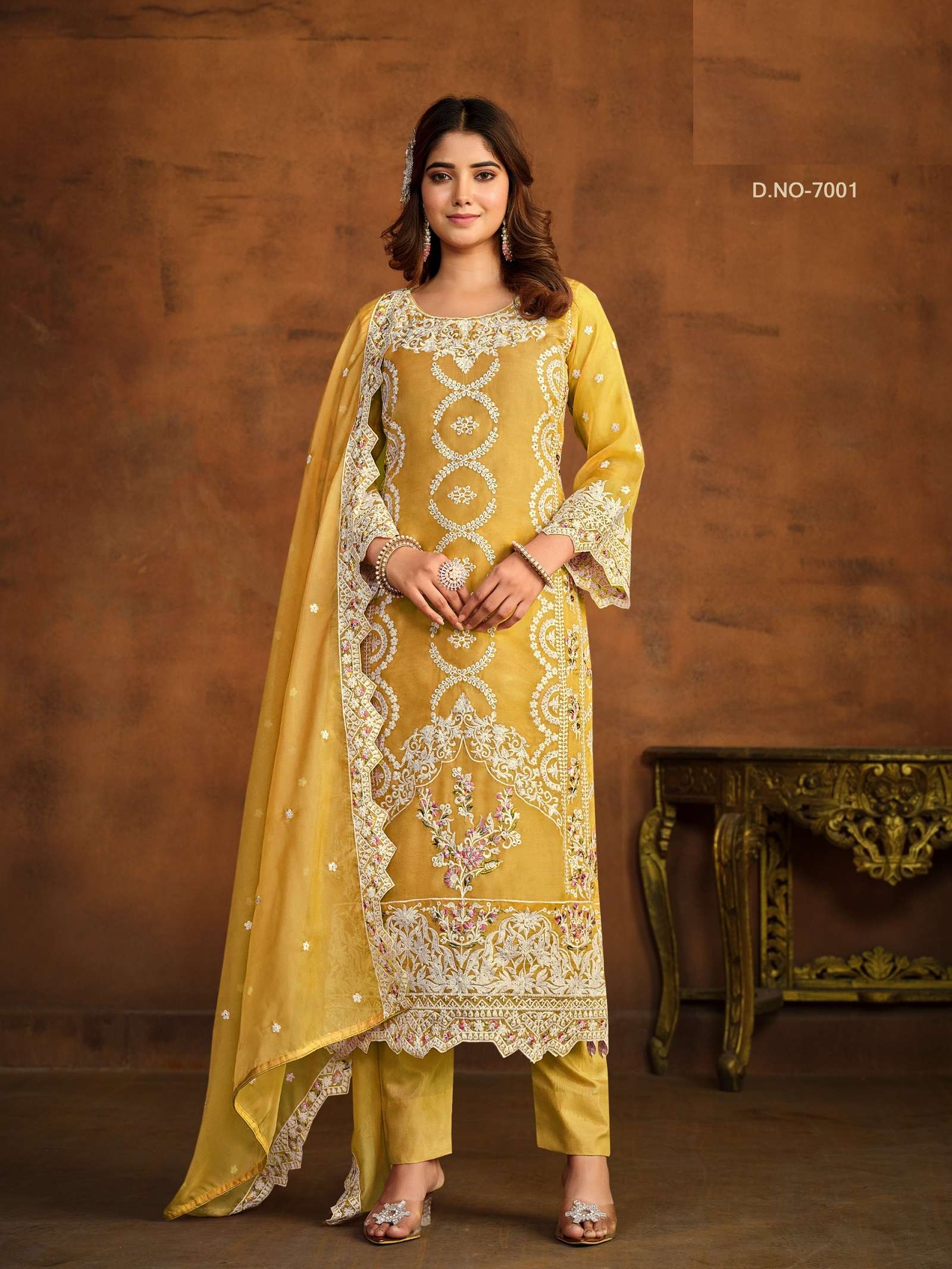 DESIGNER FANCY PARTY WEAR PAKISTANI FANCY YELLOW ORGANZA SILK SALWAR SUIT ANY 7001