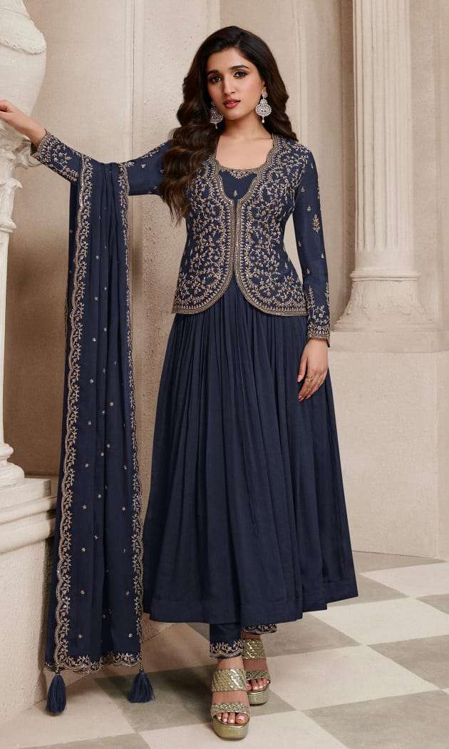 DESIGNER FANCY WEDDING PARTY WEAR BLUE CHINON SILK NAYRA CUT SALWAR SUIT ONLINE NVN VINAY SABINA 66575