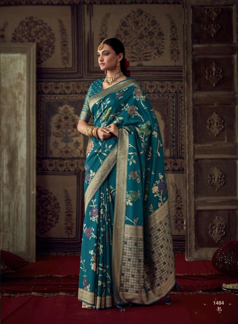 DESIGNER FANCY WEDDING PARTY WEAR BLUE INDIAN CREPE SILK SAREE SM KM ROOPKALA 1484