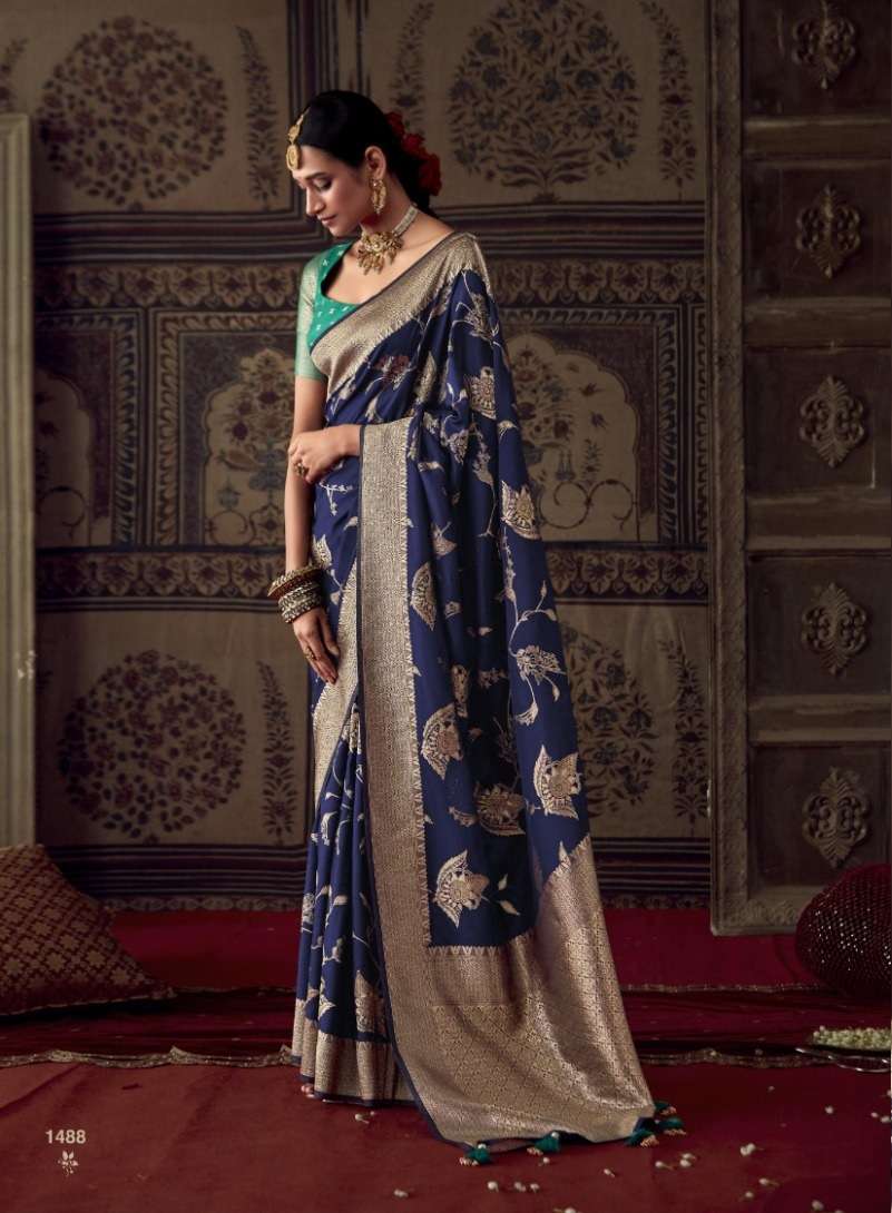 DESIGNER FANCY WEDDING PARTY WEAR BLUE INDIAN CREPE SILK SAREE SM KM ROOPKALA 1488