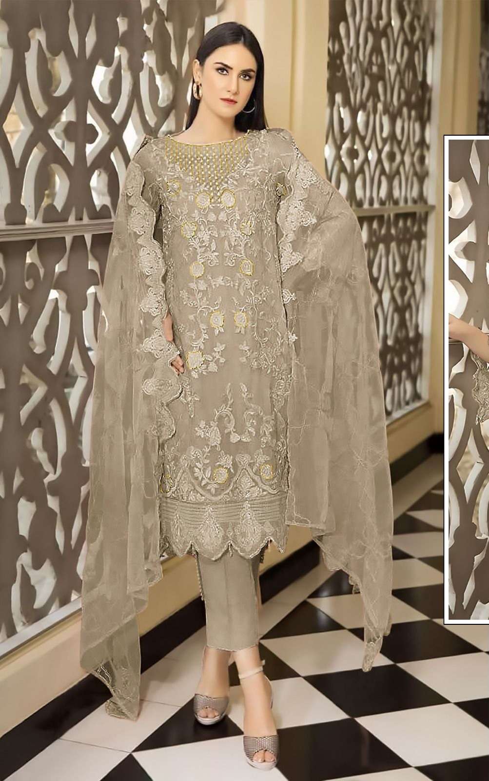 DESIGNER FANCY WEDDING PARTY WEAR FAUX GEORGETTE STRAIGHT CHIKU INDIAN PAKISTANI SALWAR SUIT SRH 1053A COLOR